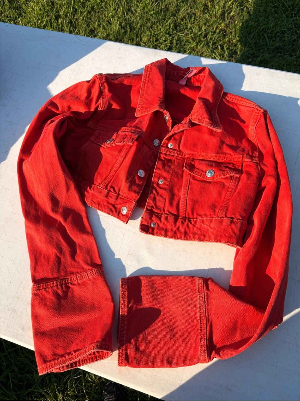 Zara Red Cropped Denim Jacket